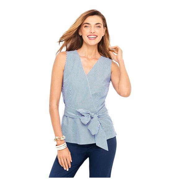 Talbots womens plus sz 18 cotton fauz wrap peplum top-rhodes striped blue white - Picture 1 of 12